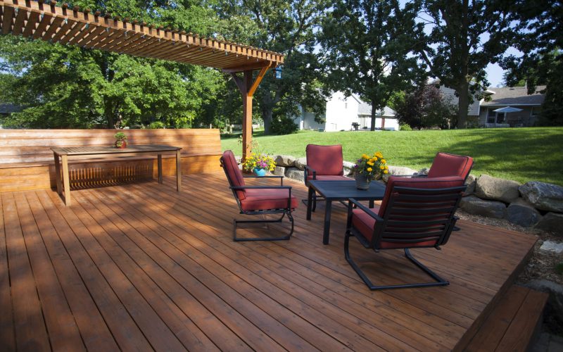 Backyard deck and pergola landscaping.